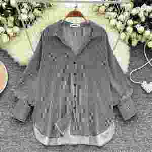 Blusas casuales de manga larga con cuello vuelto ancho para mujer, camisas a rayas tejidas con cuentas, tops transpirables antiarrugas al por mayor - Product Image 2