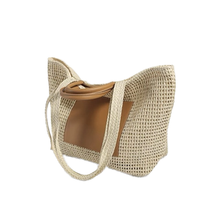 Sac fourre-tout en paille naturelle tressée pour femme avec doublure en cuir véritable, ouverture supérieure, bandoulière, sac à main décontracté de plage, léger - Product Image 1