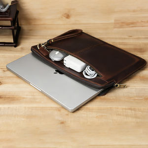 Housse pour ordinateur <span class=keywords><strong>portable</strong></span> en cuir véritable Crazy Horse rétro minimaliste 14,2 pouces pour hommes, pour <span class=keywords><strong>les</strong></span> voyages, la maison, le bureau, avec sangle de poignet détachable - Product Image 1