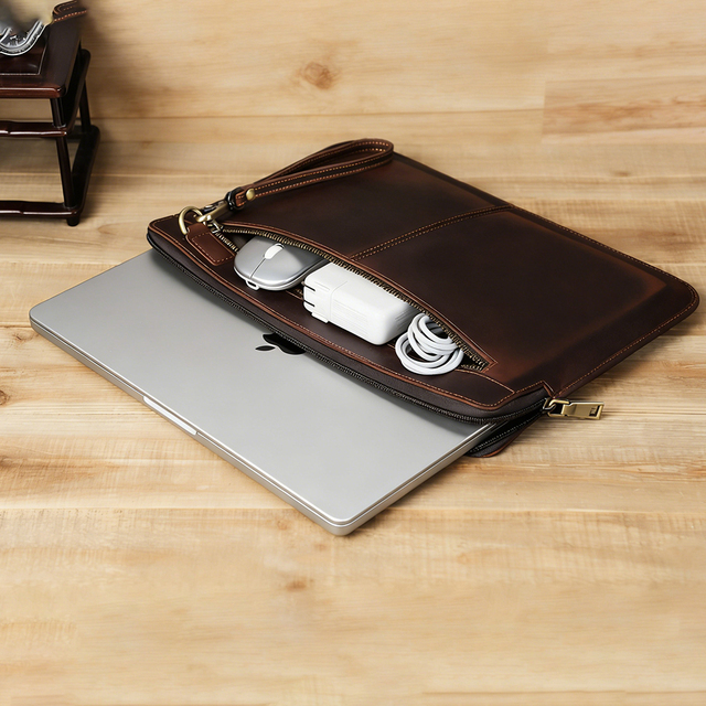 Retro Minimalist Crazy Horse Genuine Leather 14.2'' Laptop Sleeve Bag Men for Travel Home Office With Detachable Wrist Strap