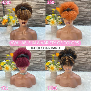 Stock <span class=keywords><strong>de</strong></span> perruques <span class=keywords><strong>de</strong></span> <span class=keywords><strong>cheveux</strong></span> humains vierges Afro Curly Pixie Ic Silk Headband # 1B Natural Black Fluffy Heat-Resistant African Women Boom Wigs - Product Image 3