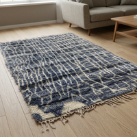 Tapis abstrait marocain berbère bleu et blanc, fait main en laine, noué à la main, antidérapant, lavable en machine, à poils longs, épaisseur moyenne