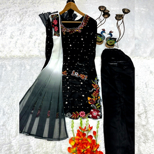 Conjunto de Kurta de Seda Negra Bordada con Diseño Floral, Traje Tradicional Indio Pakistaní para Fiestas, Atuendo Femenino - Product Image 1
