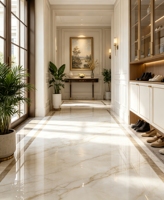 Carrelage en porcelaine blanc brillant 750x1500mm avec des veines délicates dorées et grises entrelacées, effet marbre naturel, carrelage émaillé