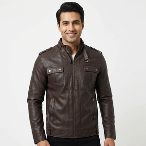 <b>Men's</b> Casual Faux Leather <b>Jacket</b> Solid Color PU with Hooded Stand Collar Regular Fit Motorcycle <b>jacket</b> for <b>men</b> - Product Image 1