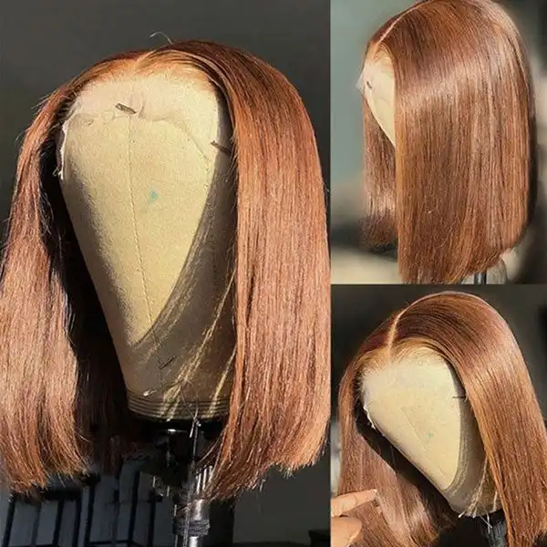 Brown Blunt Cut Colored Human Hair Wigs Straight Short Bob 13*4 HD Lace Front Wig For Women