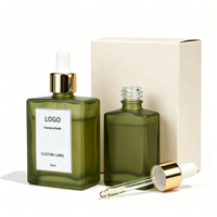 Flacon compte-gouttes de luxe en verre dépoli vert avec bouchon doré brillant, flacon vide carré pour sérum de soin et huile essentielle pour le visage