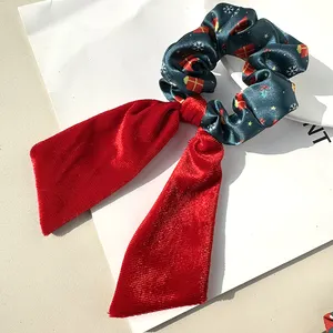 Weihnachtsdruck Haarschleife Bogen Samt Streamer süßes süßes Schneemann-Haarband Darmring elastisch für Damenhaar Scrunchies