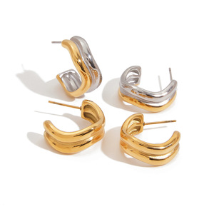 Stainless Steel Stud Earrings Gold Silver Color <b>Block</b> C <b>Shape</b> Geometric Wave Design Fashion Jewelry - Product Image 1