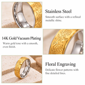แหวนสแตนเลสสีทองสลักลายดอกไม้ - Product Image 3