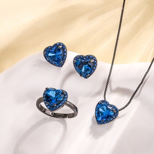 Tarnish-resistant Eco-friendly Copper 9*9MM Blue Zircon Black Gold Plated Heart Necklace and <b>Earring</b> <b>Set</b> for Romantic Occasions - Product Image 1