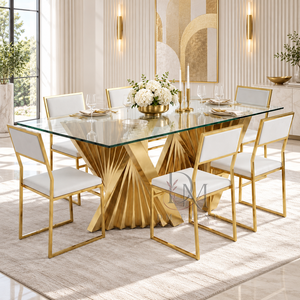 Mesa de Comedor Rectangular de Vidrio y Acero Inoxidable Dorado de Alta Gama con Base Escultural en Forma de Abanico para Proyectos de Banquetes - Product Image 2