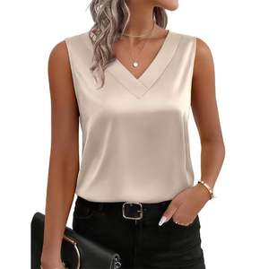 Top Sexy de Satén de Seda 100% Poliéster, Cuello en V, Blusa de Verano sin Mangas, Transpirable, Estilo Casual de Negocios, Elegante, para Vacaciones - Product Image 3