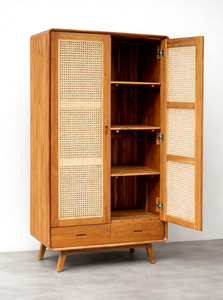 Midcentury Modern 2 Door Rattan Cane <b>Wardrobe</b> with 2 <b>Drawers</b> Solid Wood Freestanding Bedroom Armoire - Product Image 5