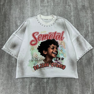 เสื้อยืดทรงบ็อกซี่ครอปผ้าคอตตอนฟอกสีสไตล์วินเทจ ตกแต่งด้วยคริสตัล งานพิมพ์ลายกราฟิก ทรงโอเวอร์ไซส์ สำหรับผู้ชาย - Product Image 1