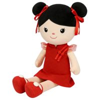 Ornement de chambre pour animaux de compagnie, figurine en peluche de style chinois de 16 pouces, cheongsam rouge avec deux chignons, décoration douce pour coin animaux et salon