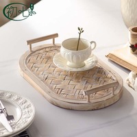 Ensemble de plateaux de service en bambou et bois tressé de style bohème, formes rectangulaire et ovale, motif en bois pour bureau, café, décoration de la maison