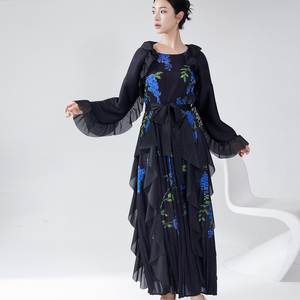 2025 Mới Nhất Cổ Điển Hoa Cascading Ruffle In Pleated Ăn Mặc Phụ Nữ Miễn Phí Kích Thước Midi Chiều Dài Vành Đai Thanh Lịch Ăn Mặc Đặt Hàng Mô Hình - Product Image 5