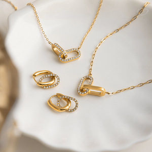 Geometric Double <b>Ring</b> Pendant Necklace 18K <b>Gold</b> Plated White Zircon Bezel Setting Everyday Wear Fine Jewelry <b>Set</b> - Product Image 4