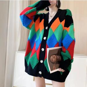 GX89025 nueva ropa <span class=keywords><strong>de</strong></span> calle Otoño Invierno chaqueta <span class=keywords><strong>de</strong></span> <span class=keywords><strong>mujer</strong></span> <span class=keywords><strong>de</strong></span> gran tamaño abrigo rombo Color bloqueo manga larga único elegante suéter <span class=keywords><strong>de</strong></span> punto - Product Image 2
