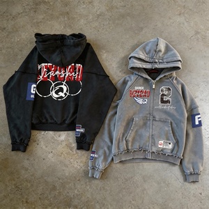 Streetwear Patchwork Embroidery Cropped <b>Hoodie</b> Heavy Weight Acid Wash Distressed <b>Hoodie</b> Custom Cotton Zip up Hoodies Men - Product Image 2