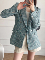 Blazer à carreaux en Tweed à Double boutonnage pour femmes, manteau Vintage à manches longues, poches, vêtements d'extérieur Chic, Veste, 2022