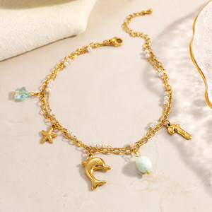 Fashion <b>Anklets</b> Stainless Steel 18k <b>Gold</b> Plated Double Layer Chain With Dolphin Star Pendants Women's Beach Jewelry - Product Image 4