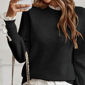 Suéter de Mujer con Diseño de Parches, Ribete de Encaje, Cuello Redondo, Manga Larga, Cierre de Hebilla, Prenda de Punto, Suéter Moderno para Mujer - Product Image 2