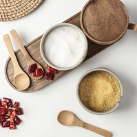 Japanese Vintage Style Kitchen Round Shape Pepper Sugar Salt Ceramic Seasoning Jar Set with Wooden Lid