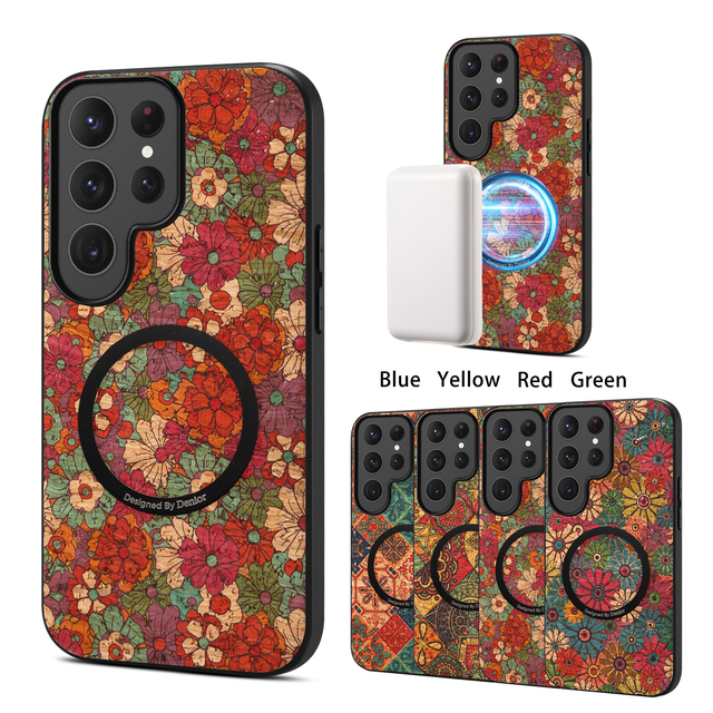 Denior Printed Natural Cork Magnetic Wireless Charging Floral Phone Case, Compatible with Samsung S26 S25 S24 S23 S22 Series