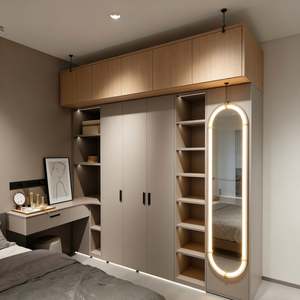 Rangement de chambre à coucher moderne sur mesure : Ensemble de garde-robe aux tons neutres avec coiffeuse intégrée et éclairage LED pour les espaces chaleureux, conception gratuite en 48 heures - Product Image 2