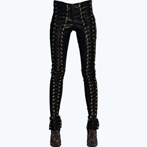 Pantalon skinny blanc taille haute en cuir véritable avec lacets, coutures contrastées, extensible dans quatre directions, coupe droite, hiver - Product Image 1