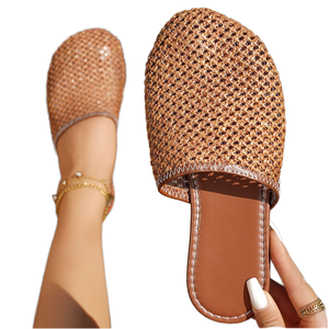 Nouvelles sandales plates d'été en maille unie avec doublure en similicuir, forme pain, pour femme, style minimaliste, grande taille, respirantes, design ajouré - Product Image 1