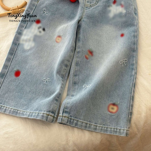 TongXingYuan Girls Jeans High Waist Washed Soft Wide Leg Pants Korean Style For Little Girls - Product Image 4