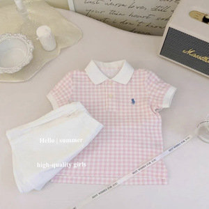 Child Star Circle Girls Pink White Checkered Polo Shirt Short Sleeve Breathable Summer Casual Outfit - Product Image 1