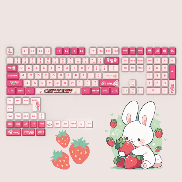 Pink Strawberry Keycap Cherry Profile 130Key ANSI Layout PBT Dye Sublimation for 61/65/75/87/98/108 Mechanical Gaming Keyboard