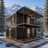 Maison conteneur à deux étages, duplex modulaire, en métal ondulé noir, éclairage LED, balcon, vue sur le lac, vente en gros, OEM