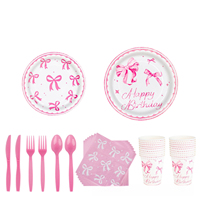 Articles de fête d'anniversaire rose avec nœud papillon pour filles : Assiettes, gobelets, serviettes, nappe et guirlande décorative pour une décoration douce et festive