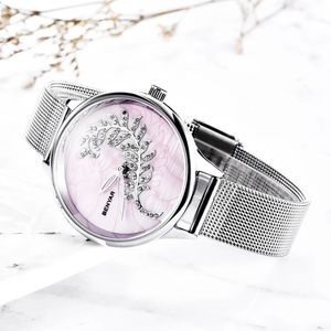 BENYAR 5157 Quartz Watches for <b>Women</b> Creative Leather Mesh Steel Diamonds Grass Simple Crystal Design Luxury Dress Ladies Watch - Product Image 5