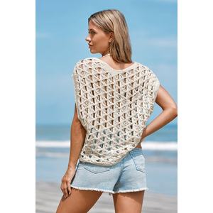 Top de Ganchillo Tejido Calado Color Caqui, Sin Mangas, Transparente, Estilo Abstracto y Fresco para Resort, Venta al por Mayor - Product Image 5