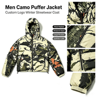 Blouson matelassé camouflage pour homme avec logo personnalisé, manteau d'hiver streetwear à capuche, épais, rembourré, coupe-vent, zippé, court