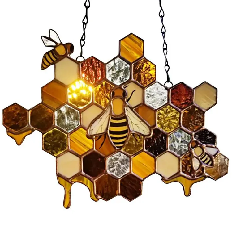 Honeycomb Bee Hanging Decor Stained Glass Window Hangings Double Side Hand Painting Honeycomb Suncatcher Yard Garden Ornaments