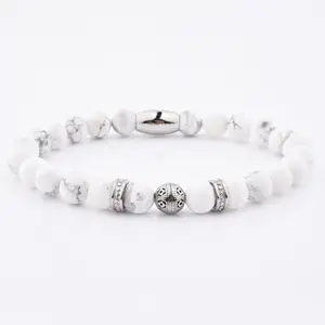 Мужской браслет из бисера с камнем из говлита и нержавеющей стали, серебряный браслет из Каира из бисера, браслет из серого камня - Product Image 1