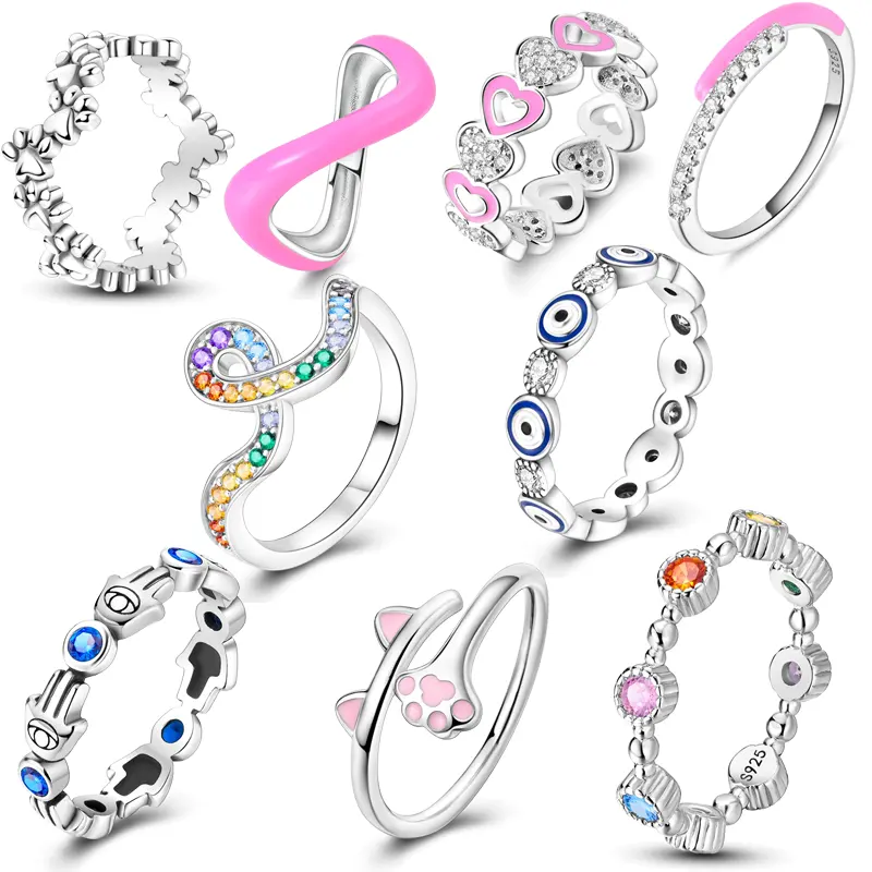 100% 925 argento Sterling simbolo infinito cuore rosa demone occhi di palma con stampa zampa di cane ciondoli anelli da dito marchio europeo gioielli regalo