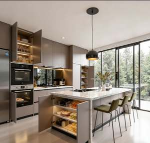 Ensemble de cuisine complet personnalisé prêt à assembler en bois contreplaqué MDF, îlot de cuisine en forme de L avec glissières de tiroirs - Product Image 4