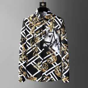 <span class=keywords><strong>Chemise</strong></span> à manches longues vintage respirante anti-boulochage pour <span class=keywords><strong>homme</strong></span> avec motif audacieux cheval et or, design luxueux noir et blanc - Product Image 1
