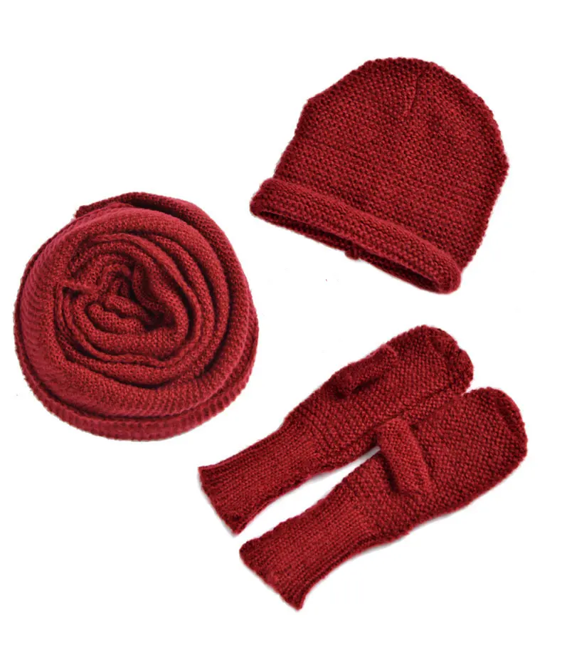 Wholesale women men 3pcs set Acrylic Mohair Knit Winter Beanie Hat with Scarf and Gloves Set with Leather Patch Label