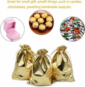 Pochettes à bijoux en organza satiné doré robustes 5"x7" avec cordon de serrage et poignée en corde pour cadeaux de mariage, de fête, de Noël, de bonbons - Product Image 3