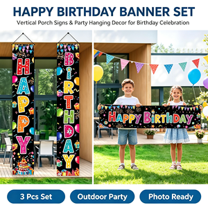 Buntes Happy <span class=keywords><strong>Birthday</strong></span> Veranda-Banner mit Schwarzem Hintergrund Türschild Kulisse Kinder Jungen Mädchen Geburtstagsparty Zubehör Hängedekoration - Product Image 5