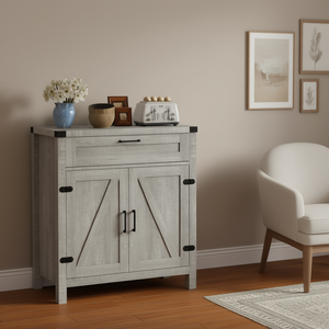 Credenza Moderna Stile Fattoria Grigia con 2 Ante Scorrevoli e 1 Cassetto, Mobile Contenitore per Soggiorno - Product Image 2